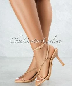 Vendor-unknown Dreamy Nude Straps Gold Link Ankle Buckle Heel Sandals
