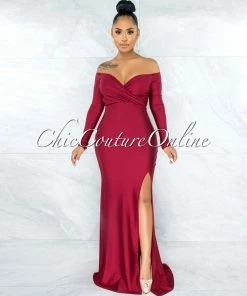 Vendor-unknown Hayfa Burgundy Side Slit Off-The Shoulders Maxi Dress