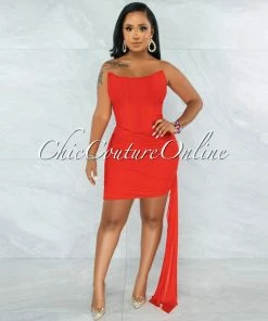 Vendor-unknown Xavrina Red Mesh Strap Ruched Bandage Corset Dress