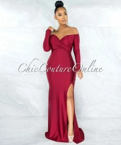 Vendor-unknown Hayfa Burgundy Side Slit Off-The Shoulders Maxi Dress