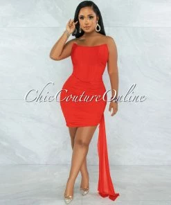 Vendor-unknown Xavrina Red Mesh Strap Ruched Bandage Corset Dress