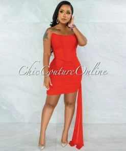 Vendor-unknown Xavrina Red Mesh Strap Ruched Bandage Corset Dress