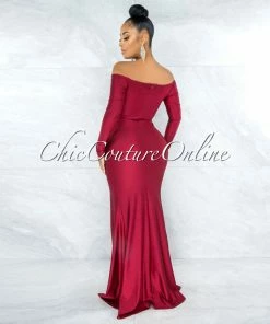 Vendor-unknown Hayfa Burgundy Side Slit Off-The Shoulders Maxi Dress