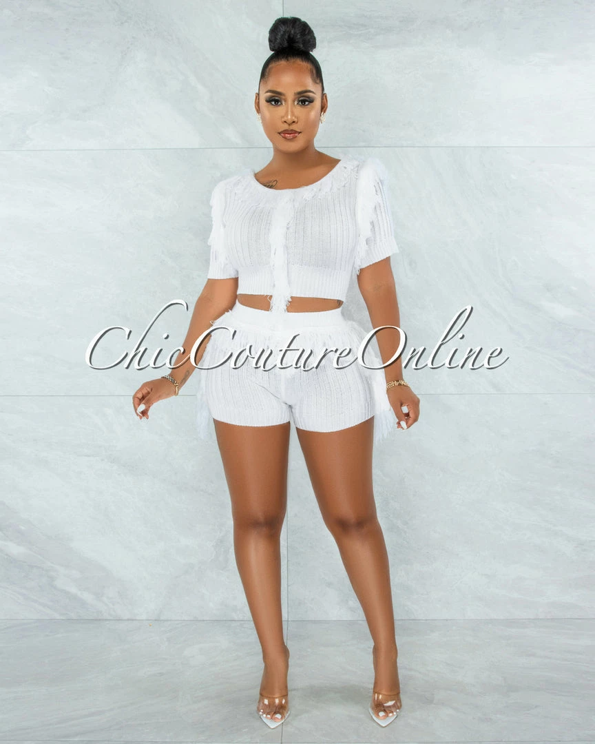 Vendor-unknown Ulma White Fringe Accent Knit Two Piece Set