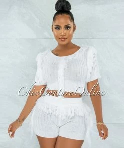 Vendor-unknown Ulma White Fringe Accent Knit Two Piece Set