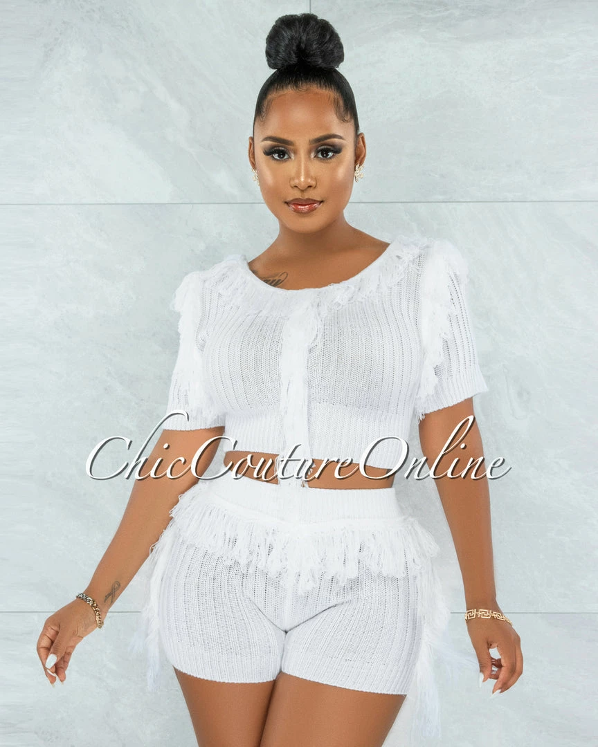 Vendor-unknown Ulma White Fringe Accent Knit Two Piece Set