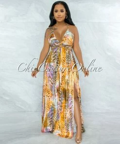 Vendor-unknown Tiara Brown Pink Print Cut-Out Sides Rhinestones Dress JUST IN