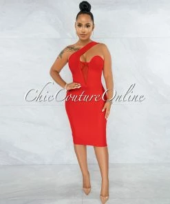 Chic Couture Online Vista Cherry Red Single Shoulder Bandage Dress JUST IN
