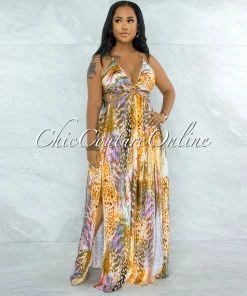 Vendor-unknown Tiara Brown Pink Print Cut-Out Sides Rhinestones Dress JUST IN