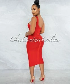 Chic Couture Online Vista Cherry Red Single Shoulder Bandage Dress JUST IN