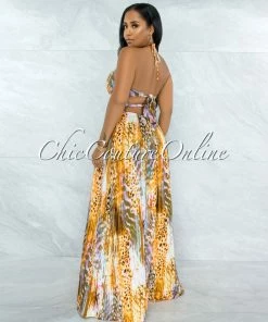 Vendor-unknown Tiara Brown Pink Print Cut-Out Sides Rhinestones Dress JUST IN