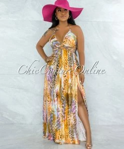 Vendor-unknown Tiara Brown Pink Print Cut-Out Sides Rhinestones Dress JUST IN