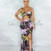 Vendor-unknown Luca Navy Blue Floral Print Cut-Out Strapless Maxi Dress JUST IN