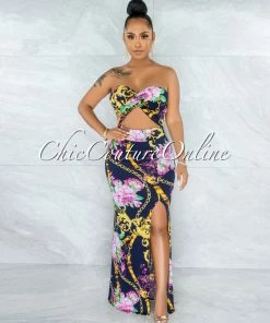 Vendor-unknown Luca Navy Blue Floral Print Cut-Out Strapless Maxi Dress JUST IN