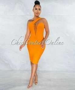 Vendor-unknown Vista Tangerine Single Shoulder Design Bandage Dress