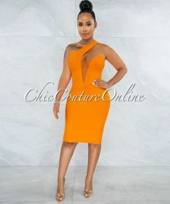 Vendor-unknown Vista Tangerine Single Shoulder Design Bandage Dress