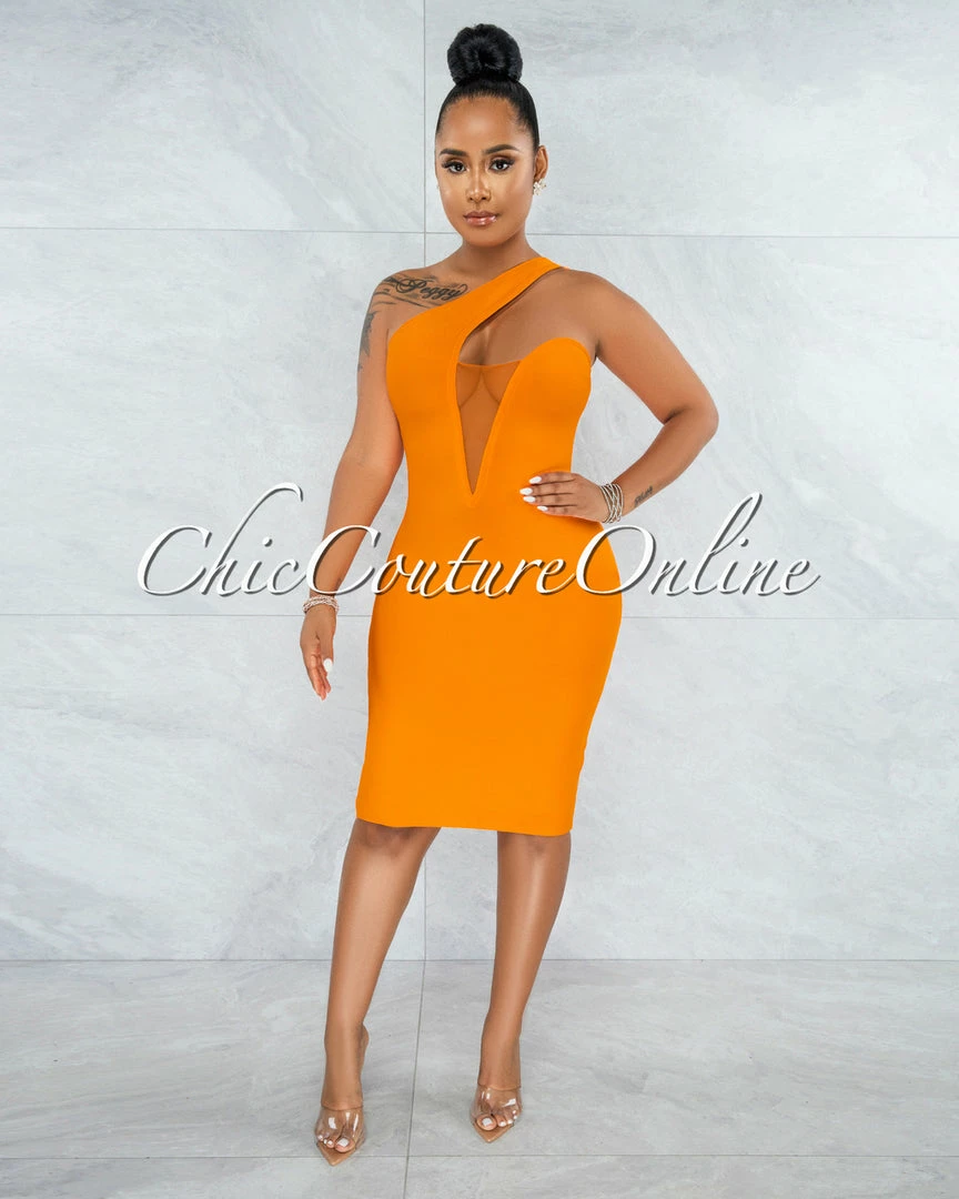 Vendor-unknown Vista Tangerine Single Shoulder Design Bandage Dress