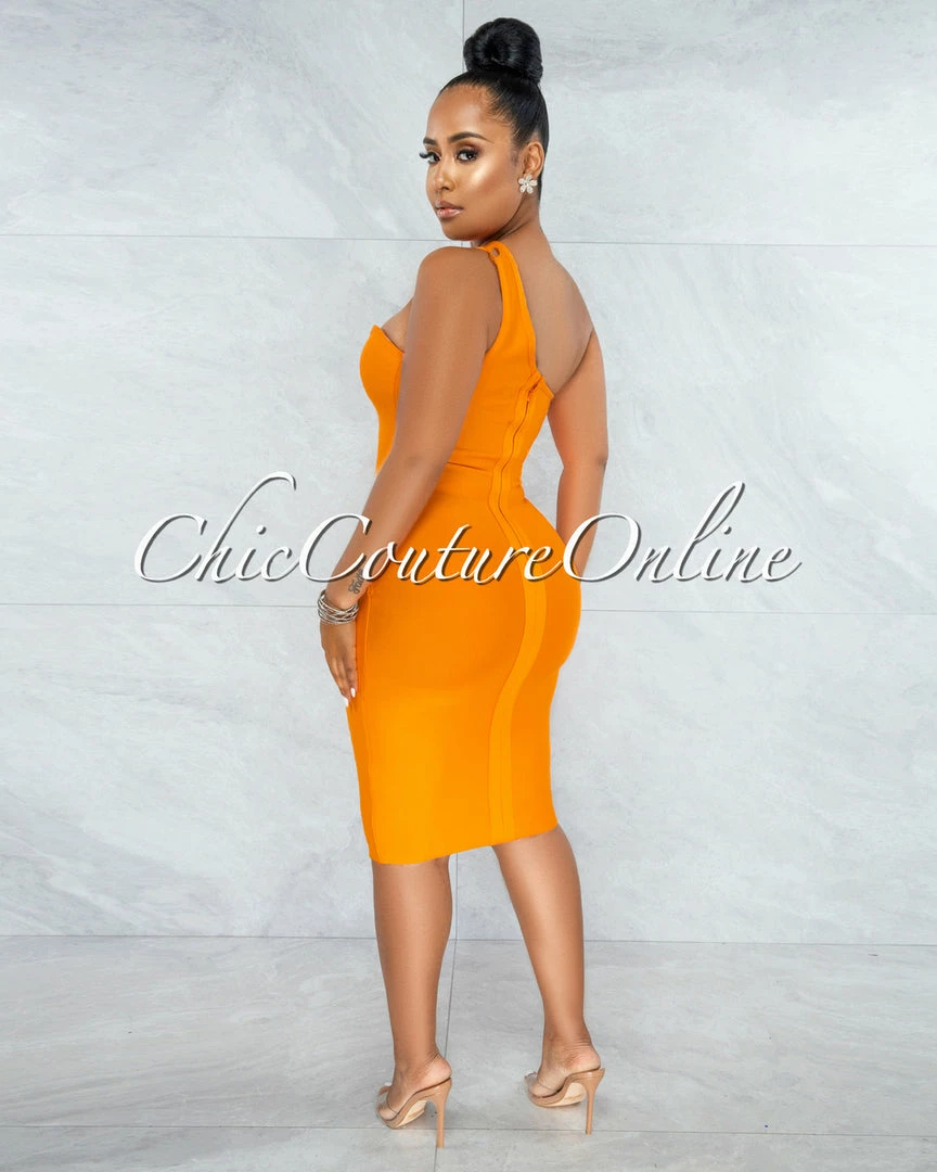 Vendor-unknown Vista Tangerine Single Shoulder Design Bandage Dress