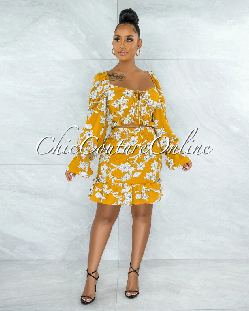 Vendor-unknown Grisell Mustard White Floral Print Smocked Flutter Skirt Set JUST IN