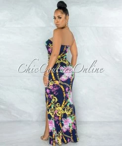 Vendor-unknown Luca Navy Blue Floral Print Cut-Out Strapless Maxi Dress JUST IN