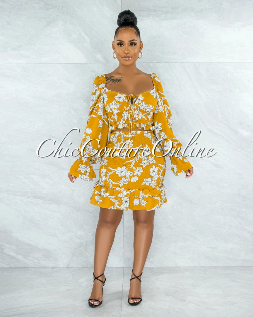Vendor-unknown Grisell Mustard White Floral Print Smocked Flutter Skirt Set JUST IN