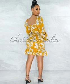 Vendor-unknown Grisell Mustard White Floral Print Smocked Flutter Skirt Set JUST IN