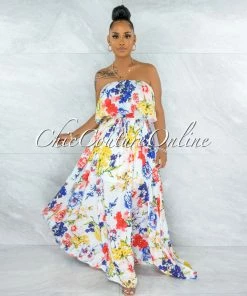 Chic Couture Online Cramer White Multi-Color Floral Print Ruffled Top Maxi Dress JUST IN