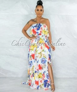 Chic Couture Online Cramer White Multi-Color Floral Print Ruffled Top Maxi Dress JUST IN