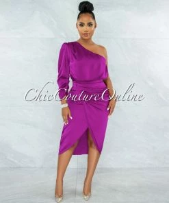 Chic Couture Online Folgar Purple Draped Single Shoulder Midi Dress JUST IN