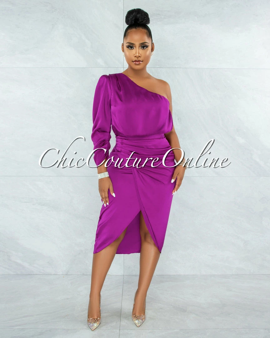 Chic Couture Online Folgar Purple Draped Single Shoulder Midi Dress JUST IN