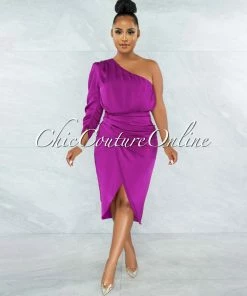 Chic Couture Online Folgar Purple Draped Single Shoulder Midi Dress JUST IN