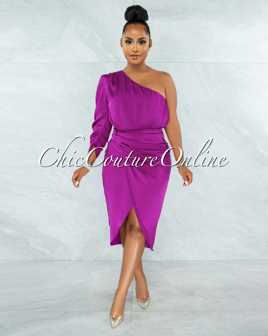 Chic Couture Online Folgar Purple Draped Single Shoulder Midi Dress JUST IN