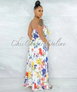 Chic Couture Online Cramer White Multi-Color Floral Print Ruffled Top Maxi Dress JUST IN