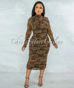 Chic Couture Online JUST IN Frayne Brown Leopard Print Ruched Open Back Midi Dress
