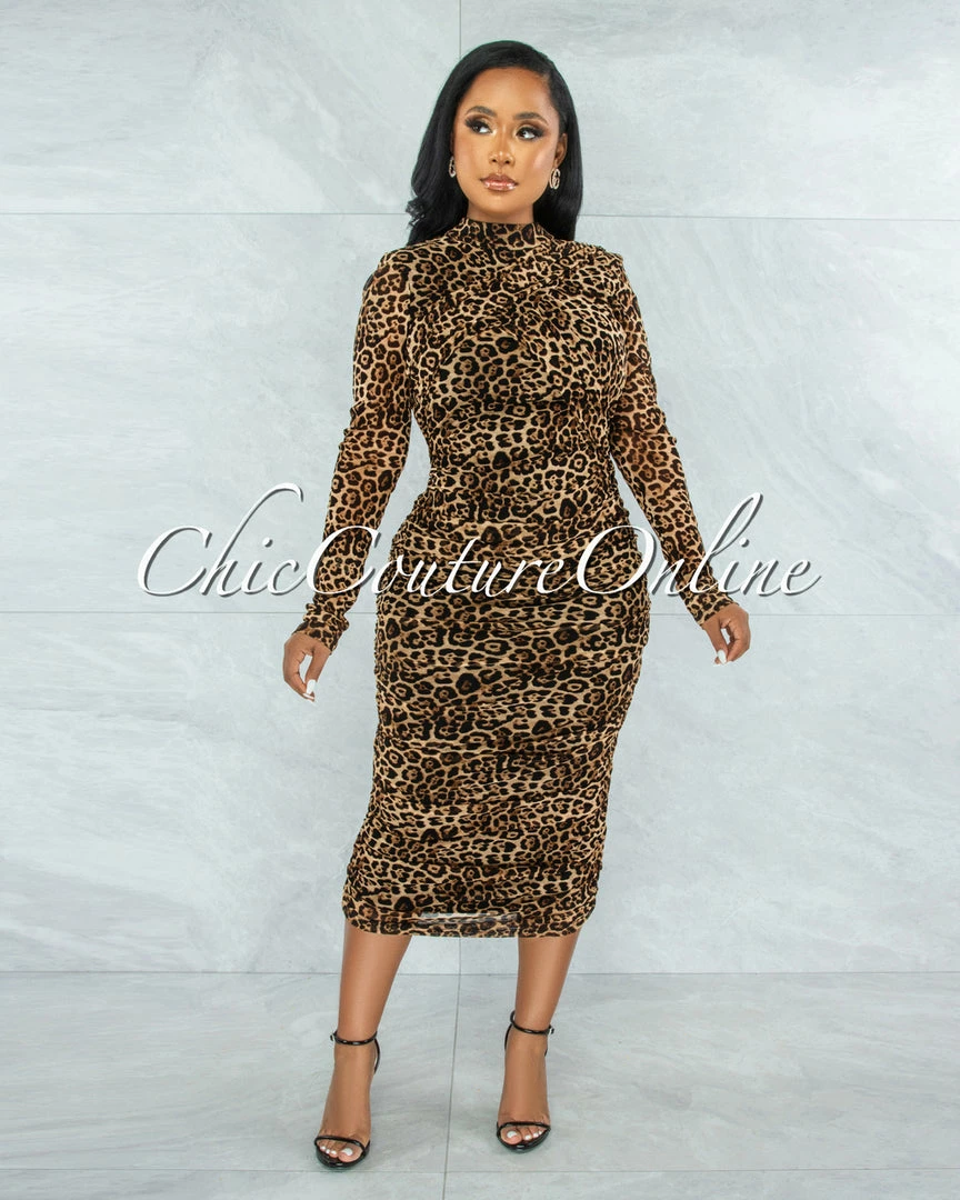 Chic Couture Online JUST IN Frayne Brown Leopard Print Ruched Open Back Midi Dress