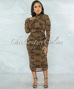 Chic Couture Online JUST IN Frayne Brown Leopard Print Ruched Open Back Midi Dress