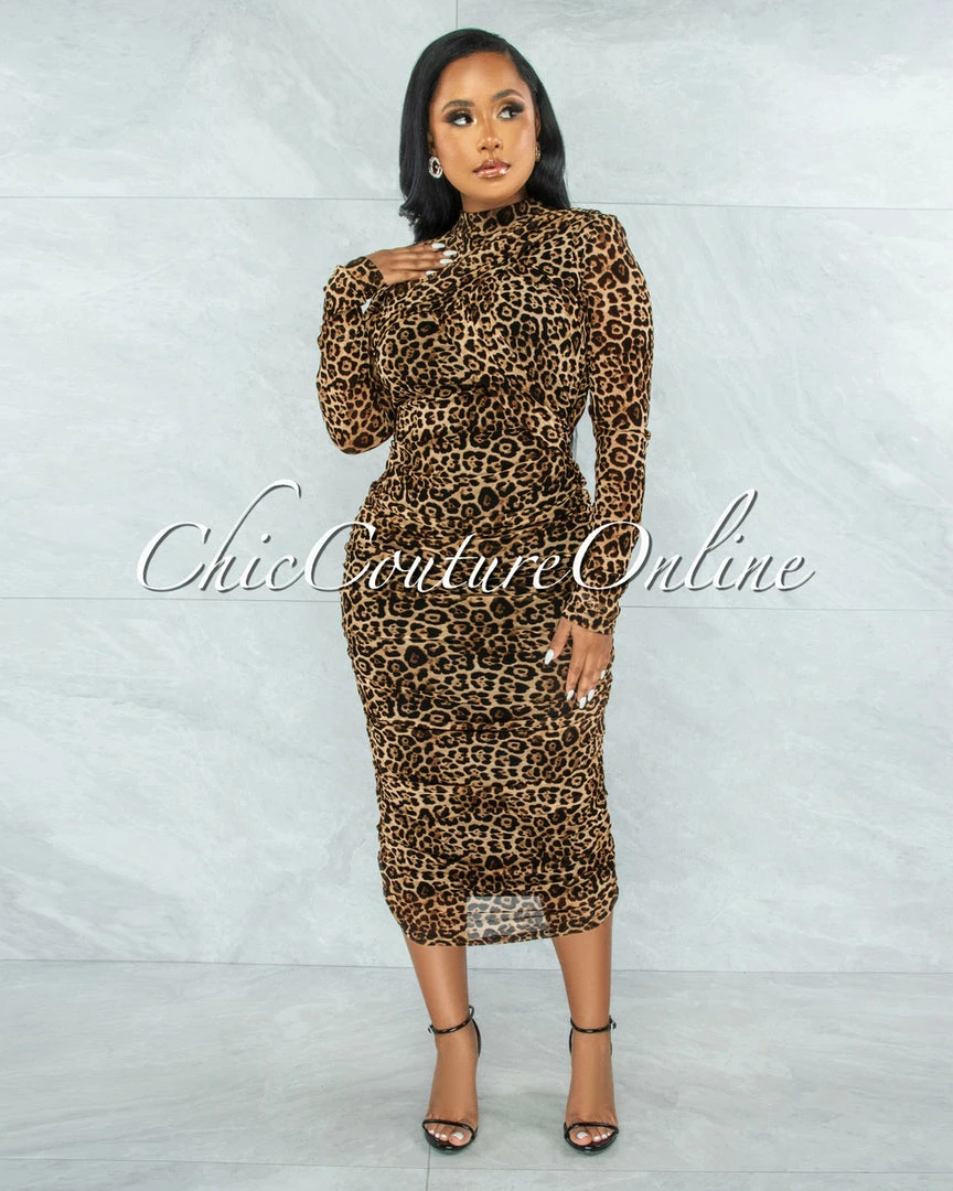 Chic Couture Online JUST IN Frayne Brown Leopard Print Ruched Open Back Midi Dress