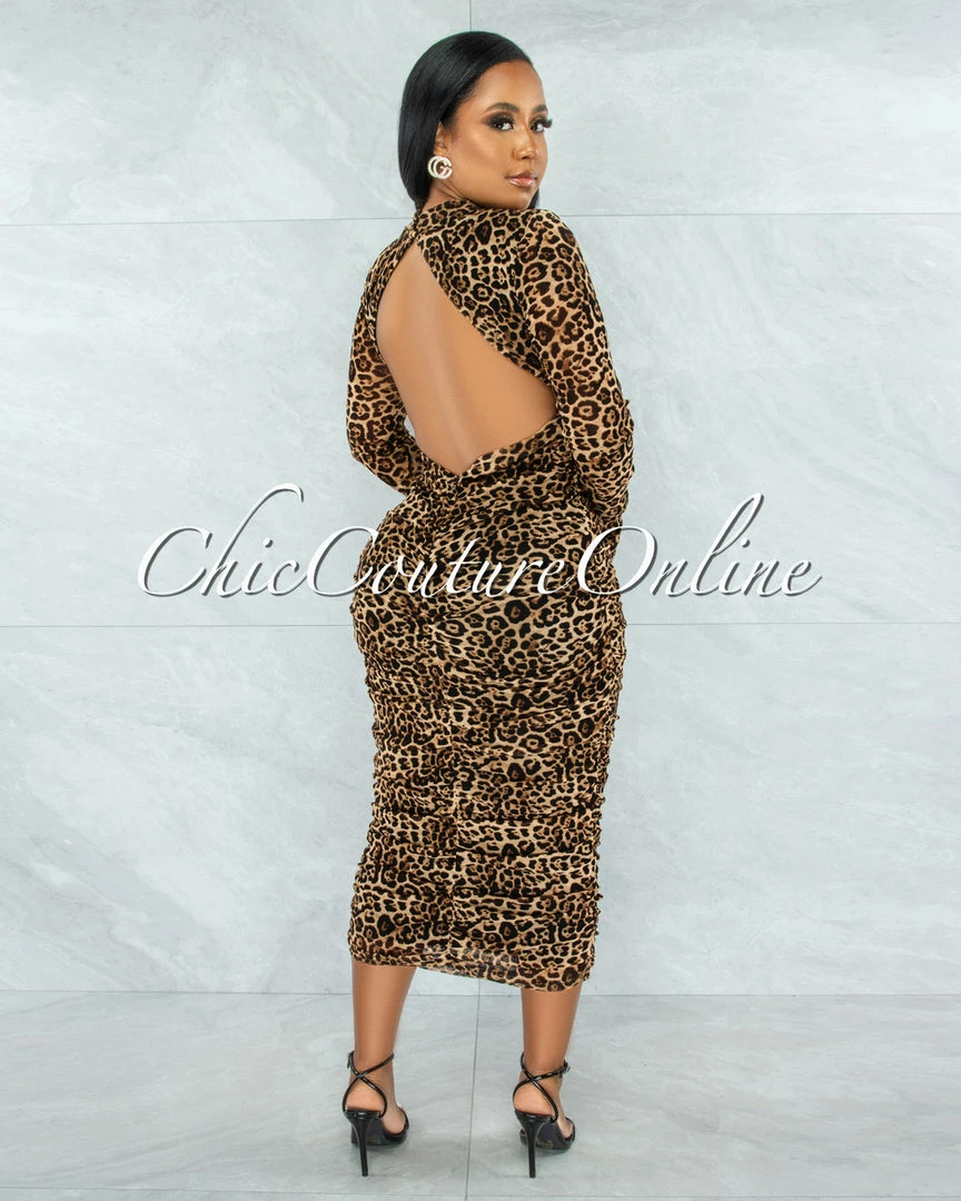 Chic Couture Online JUST IN Frayne Brown Leopard Print Ruched Open Back Midi Dress