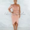 Chic Couture Online Folgar Salmon Draped Single Shoulder Midi Dress JUST IN