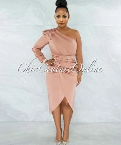 Chic Couture Online Folgar Salmon Draped Single Shoulder Midi Dress JUST IN