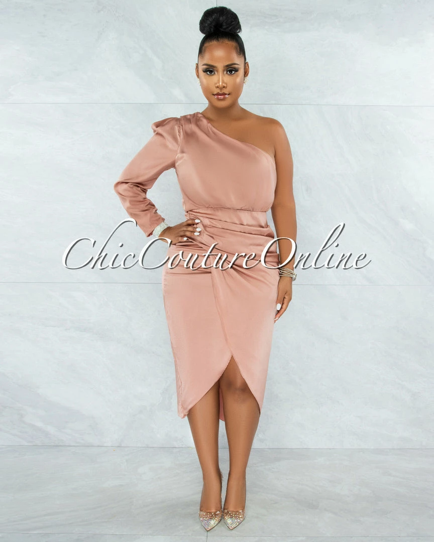 Chic Couture Online Folgar Salmon Draped Single Shoulder Midi Dress JUST IN