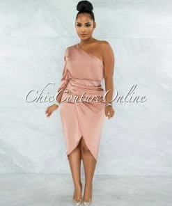 Chic Couture Online Folgar Salmon Draped Single Shoulder Midi Dress JUST IN