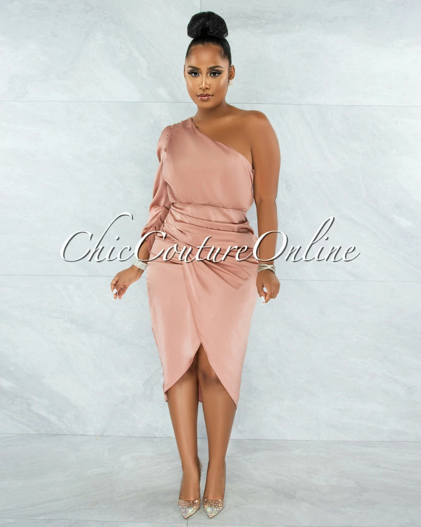 Chic Couture Online Folgar Salmon Draped Single Shoulder Midi Dress JUST IN