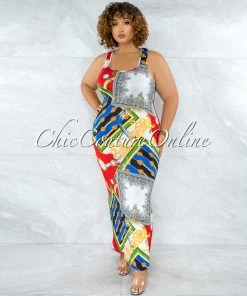 Vendor-unknown JUST IN Dulce White Red Blue Print Tank Maxi Dress