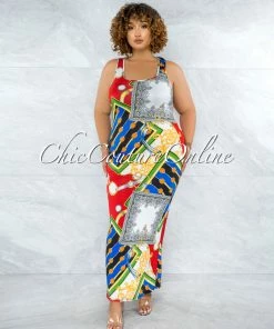 Vendor-unknown JUST IN Dulce White Red Blue Print Tank Maxi Dress
