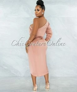 Chic Couture Online Folgar Salmon Draped Single Shoulder Midi Dress JUST IN