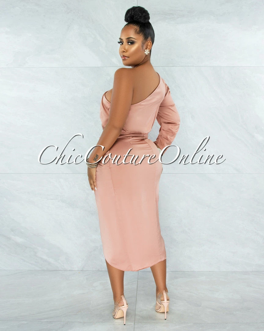 Chic Couture Online Folgar Salmon Draped Single Shoulder Midi Dress JUST IN