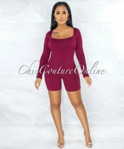Vendor-unknown JUST IN Calix Burgundy Ribbed Long Sleeves Romper