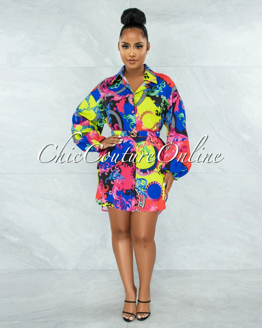 Chic Couture Online JUST IN Yenge Blue Green Multicolor Gold Buckle Belt Shirt Dress