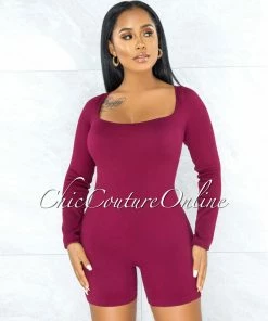 Vendor-unknown JUST IN Calix Burgundy Ribbed Long Sleeves Romper